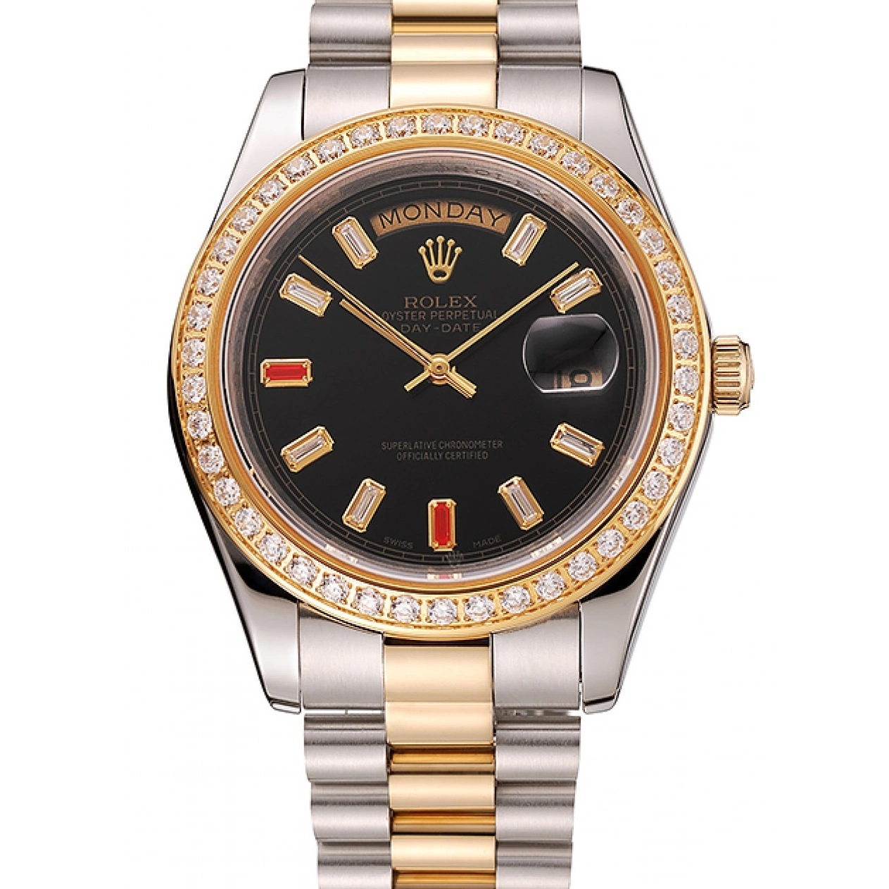 Aaa replica watch And 1454105 Two Bracelet Swiss Tone Rubies Dial Rolex Day-Date Diamonds Black 0814